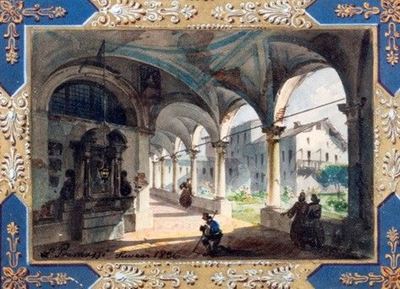 Devozione nel chiostro - Tecnica mista su cartoncino
