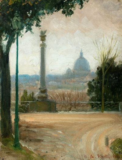 Scuola Romana, Roma, dalla terrazza del Pincio, olio su tela riportata su cartone