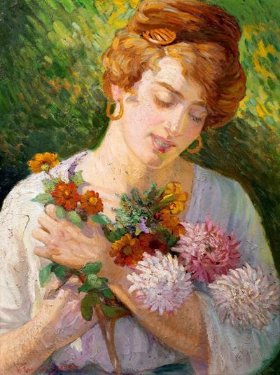 Ritratto di Amelia con i fiori, olio su cartone