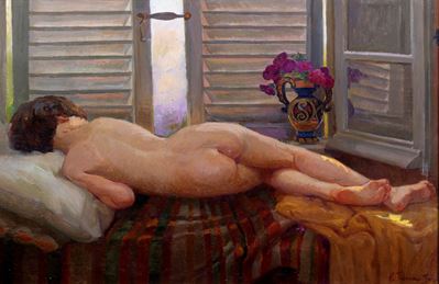 La siesta, olio su legno, cm 49 x 69