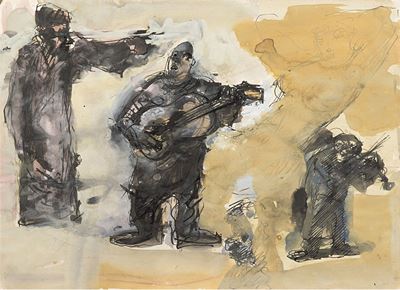 Composizione con figure di musici, testa e busto femminile, tempera, china e matita su carta