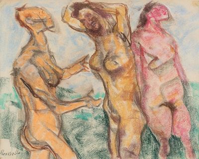 Tre nudi in piedi, pastelli su carta