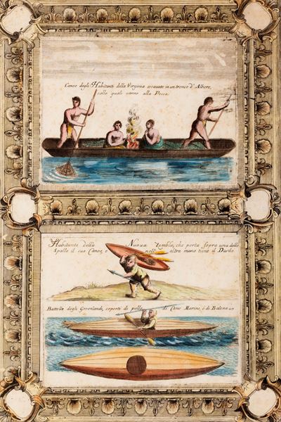 Canoe degli Habitanti della Virginia e Battello degli Groenlandi, acquaforte, Venezia, 1690