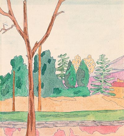 Autore sconosciuto, Paesaggio del 1916, inchiostro blu e acquerello su carta
