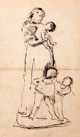 Figura di donna con bambini, china su carta