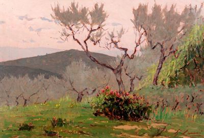 Campagna in Primavera, olio su tavola