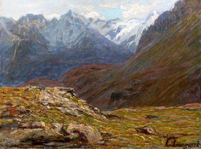 Paesaggio alpino, olio su tela riportata su cartone