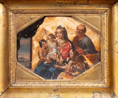 Sacra Famiglia, olio su marmo entro sagoma ottagonale
