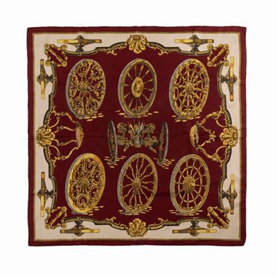 Caty Latham, Foulard Les Roues, seta su fondo bordeaux, 1967