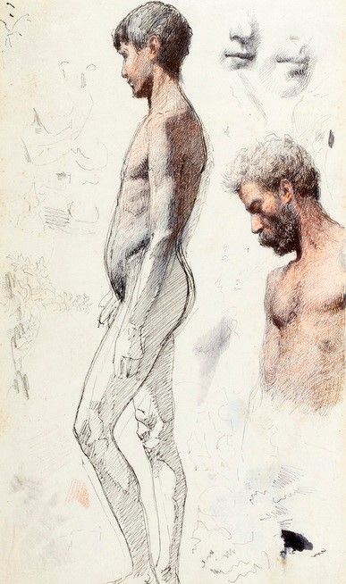 Studio di figure virili, tecnica mista su carta