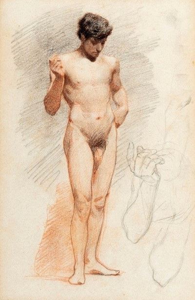 Nudo di giovane uomo, matita, carboncino e sanguigna su carta