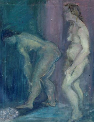 Autore non identificato, Coppia di studi di nudo femminile e nudo di donna seduta, oli su tela no...
