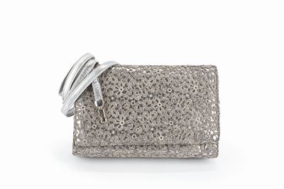 Borsa da sera in pelle argento con rivestimento in pizzo