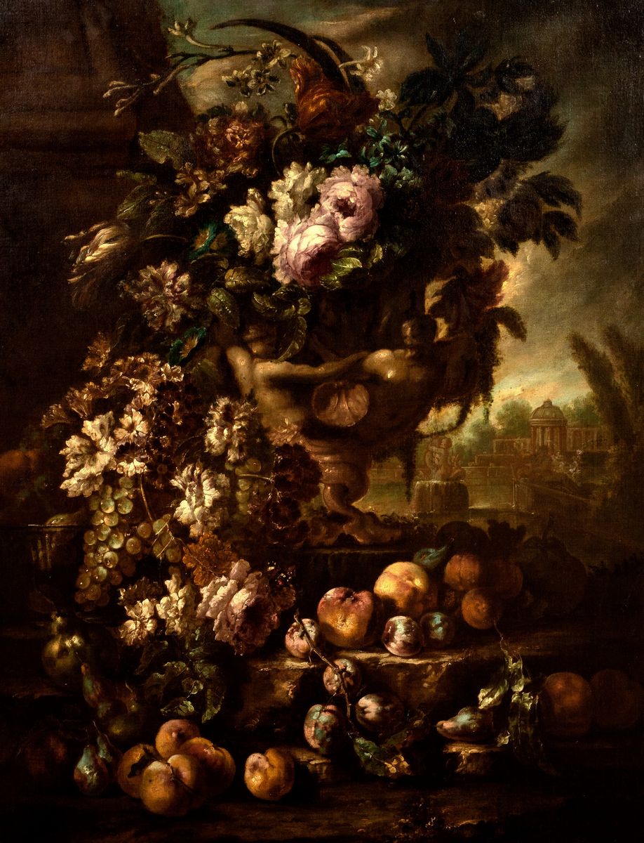 Scuola Romana, Seconda Metà del Secolo XVII - Autore non identificato, Due trionfi di fiori in va...