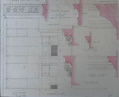 Lotto di tre studi architettonici di Palazzo Baldassini, matita, inchiostro e acquerello su carta