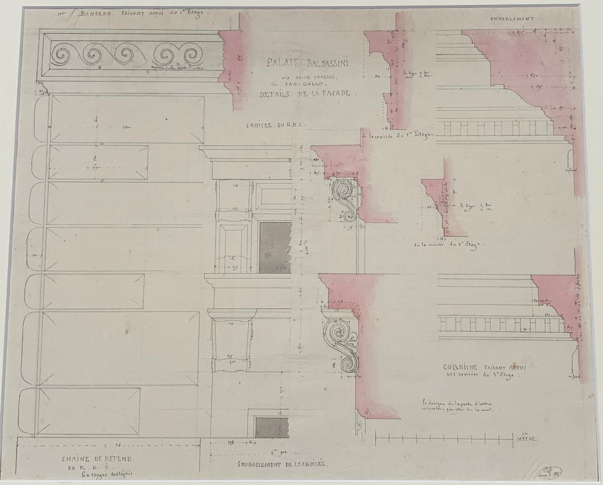 Augustin-théophile Quantinet - Lotto di tre studi architettonici di Palazzo Baldassini, matita, i...