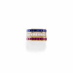 A 18K three-color gold, ruby, sapphire and diamond rings