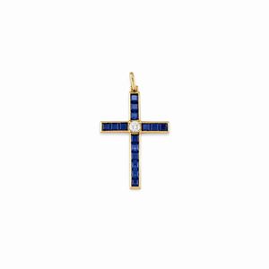  - A 18K yellow gold, synthetic sapphire and diamond pendant