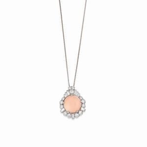 A 18K white gold, coral and diamond pendant