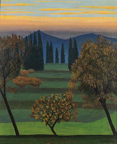 La collina dei cipressi, olio su compensato, 1945