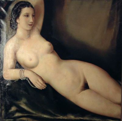Nudo di donna con filo di perle, olio su tela