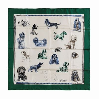 Foulard in seta con motivo cani su fondo color panna e bordo verde