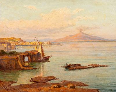 Coppia di dipinti con vedute di Napoli e Capri, olio su tela