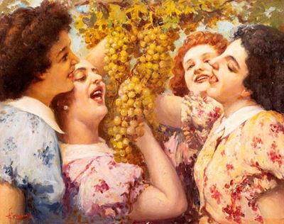 Sotto il pergolato, olio su legno