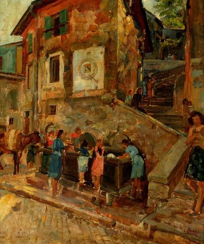 Rocca di Papa, donne al lavatoio nel centro del paese, olio su legno, 1947