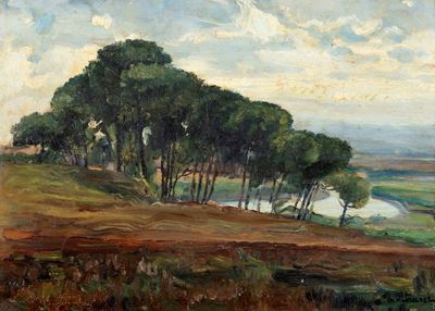Pineta sul Tevere, olio su legno