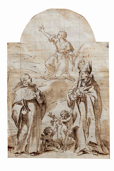 Sacra Conversazione, penna e inchiostro bruno acquerellato su carta quadrettata
