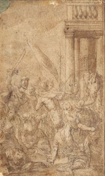 Scena di battaglia, penna e inchiostro bruno acquerellato su carta