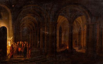 Interno di una cattedrale gotica con scena evangelica, olio su tela