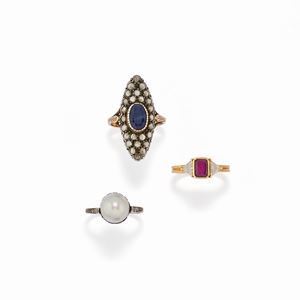 Three three-color gold, silver, cultured pearl, sapphire, ruby and diamond lot rings
