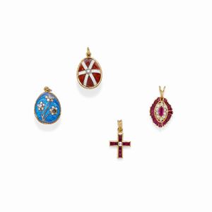 Four 18K yellow gold, silver, enamel, ruby and diamond pendants, with Fasano Torino box