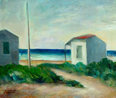 Capanno al mare, olio su tela, cm 50 x 60, 1947