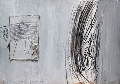 Senza titolo (1961), collage, tempera, sabbia, graffite e pastello su cartone