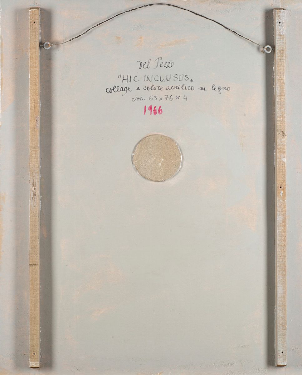Lucio del Pezzo - Hic inclusus, collage e acrilico su legno, 1966