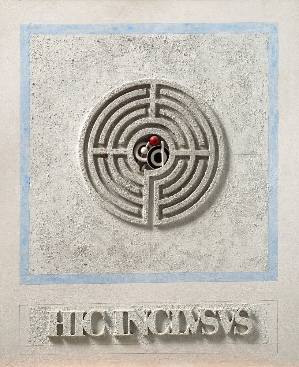 Lucio del Pezzo - Hic inclusus, collage e acrilico su legno, 1966