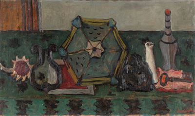 Natura morta con fanale, chiave e bottiglie, olio su tavola, 1941