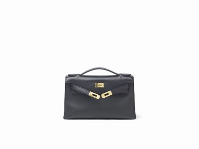 Kelly, Mini Pochette in pelle swift nera con dettagli in metallo dorato