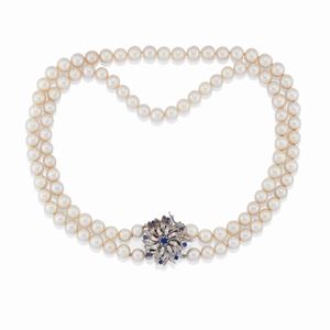 A 18K white gold, cultured pearl and sapphire necklace