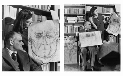 Yvy Nicholson dipinge Alberto Moravia, due stampe vintage alla gelatina ai sali d'argento