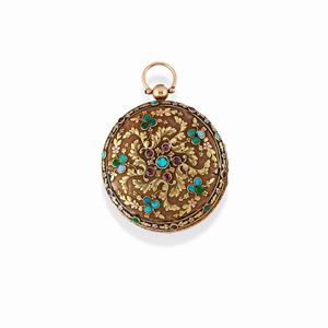 A yellow gold, turquoise and red stones pocket watch, early 19th Century