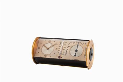 Orologio da tavolo con svegliarino, termometro e barometro, anni '50
