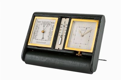 Orologio da viaggio con svegliarino, termometro e barometro, anni '50