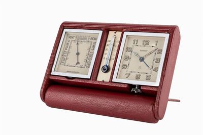 Orologio da viaggio con svegliarino, termometro e barometro, anni '50