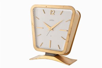 Orologio da tavolo con svegliarino, anni '60, ottone dorato