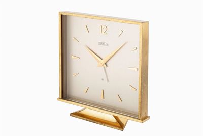 Orologio da tavolo con svegliarino, anni '60, ottone dorato