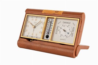 Orologio da viaggio con svegliarino, termometro e barometro, anni '50